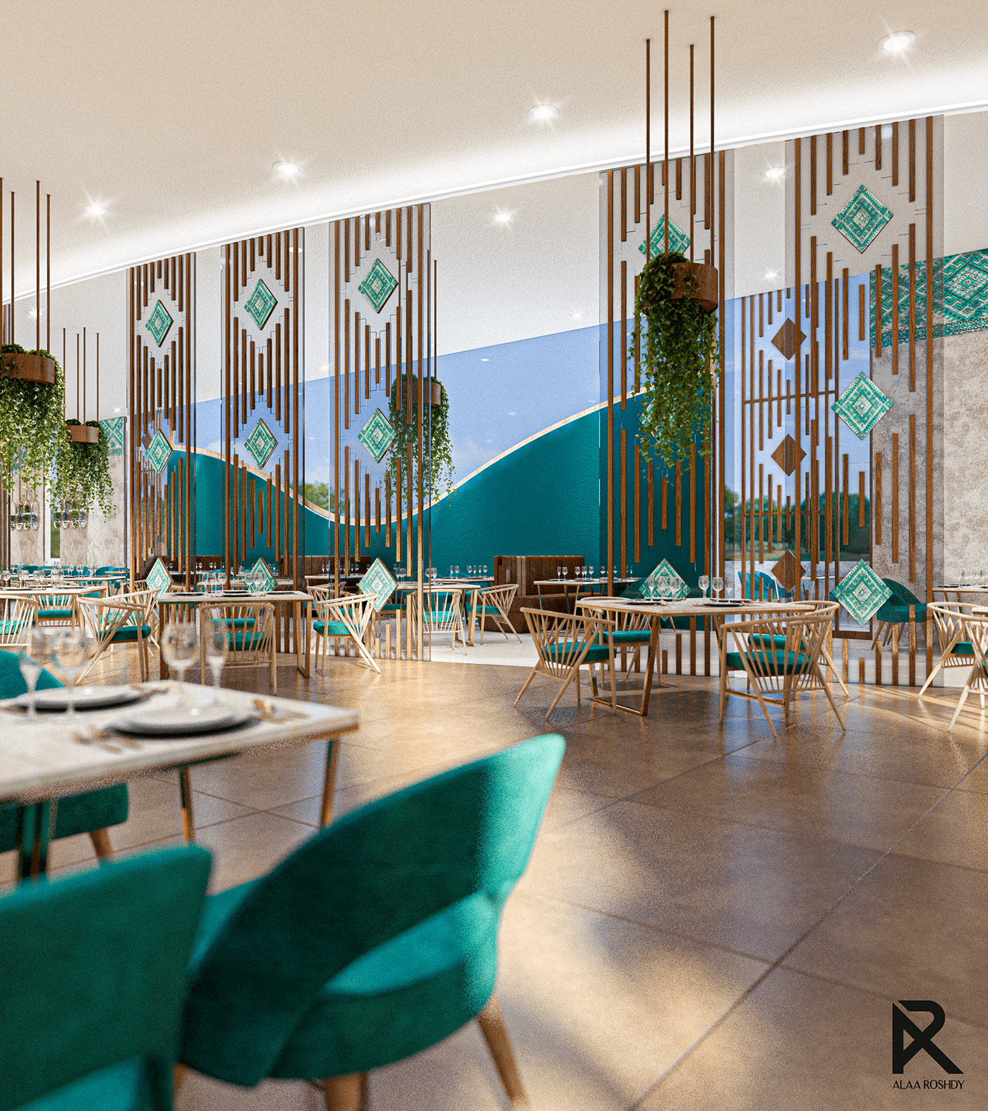 restaurant bedouin cafeteria turquoise pattern interior design  architecture motives