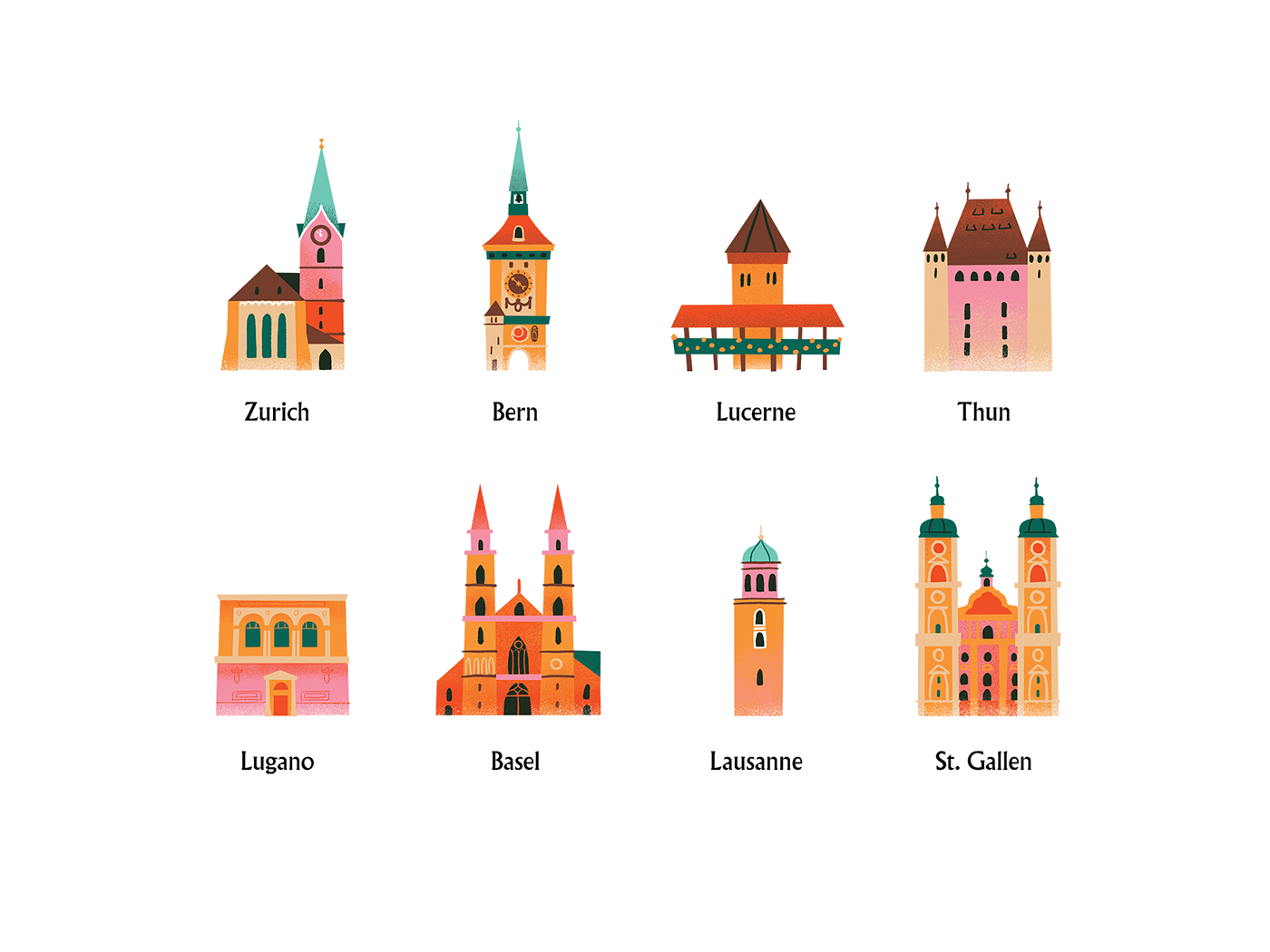 Bern, Zurch, Lucerne, Thun, Lugano, Basel, Lausanne, St. Gallen icon design.