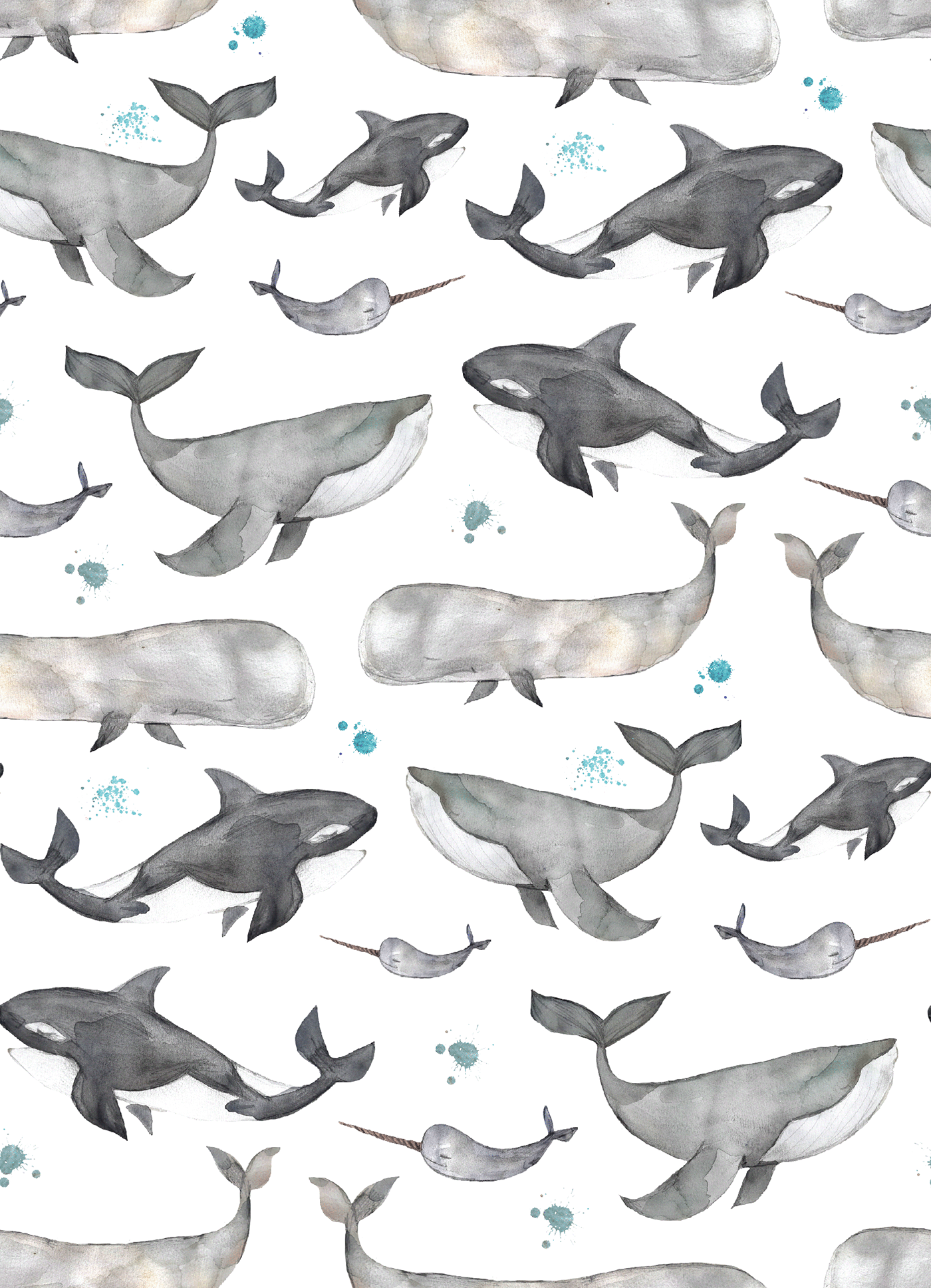 Ocean pattern print sea surface design textile watercolor waves whales zero waste