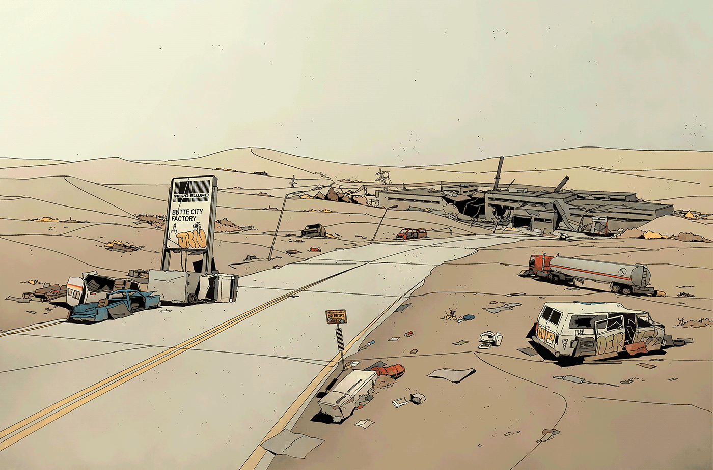 comic book Scifi wasteland highway road desert story Cars sand