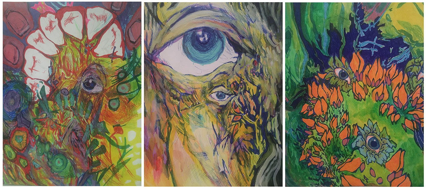 ink experimental freehand self portrait Insomnia bright colors surreal abstract psychedelic eyes