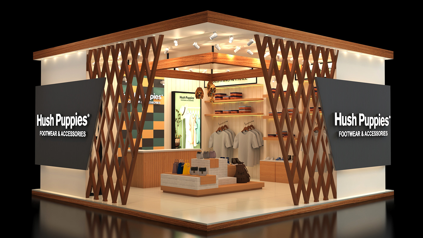 exhibition stand booth design Event Advertising  designer 3D Rendering visualization 3ds max Hush Puppies exhibtion