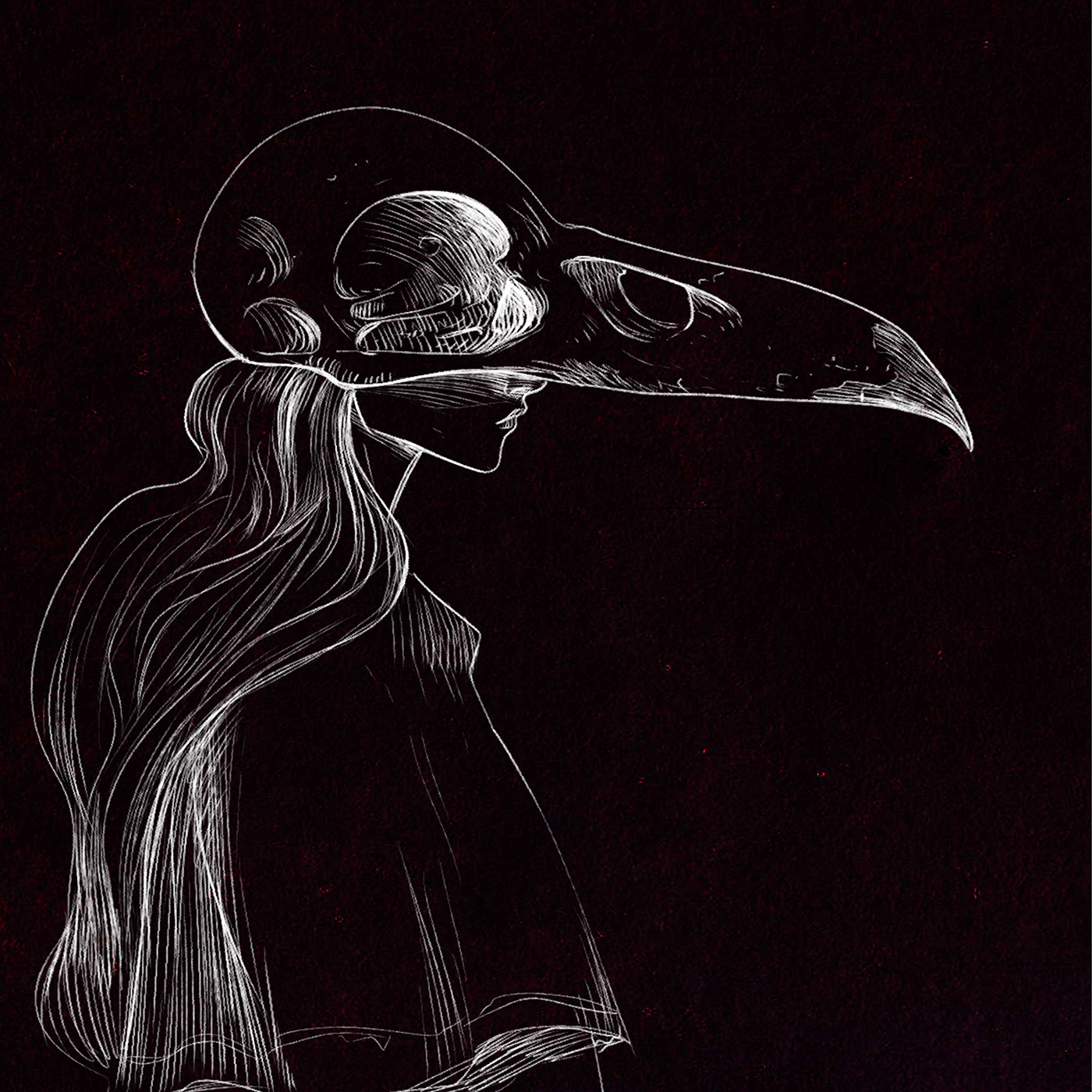 crow dark darkart Digital Art  doodle girl ILLUSTRATION  ink sketch skull