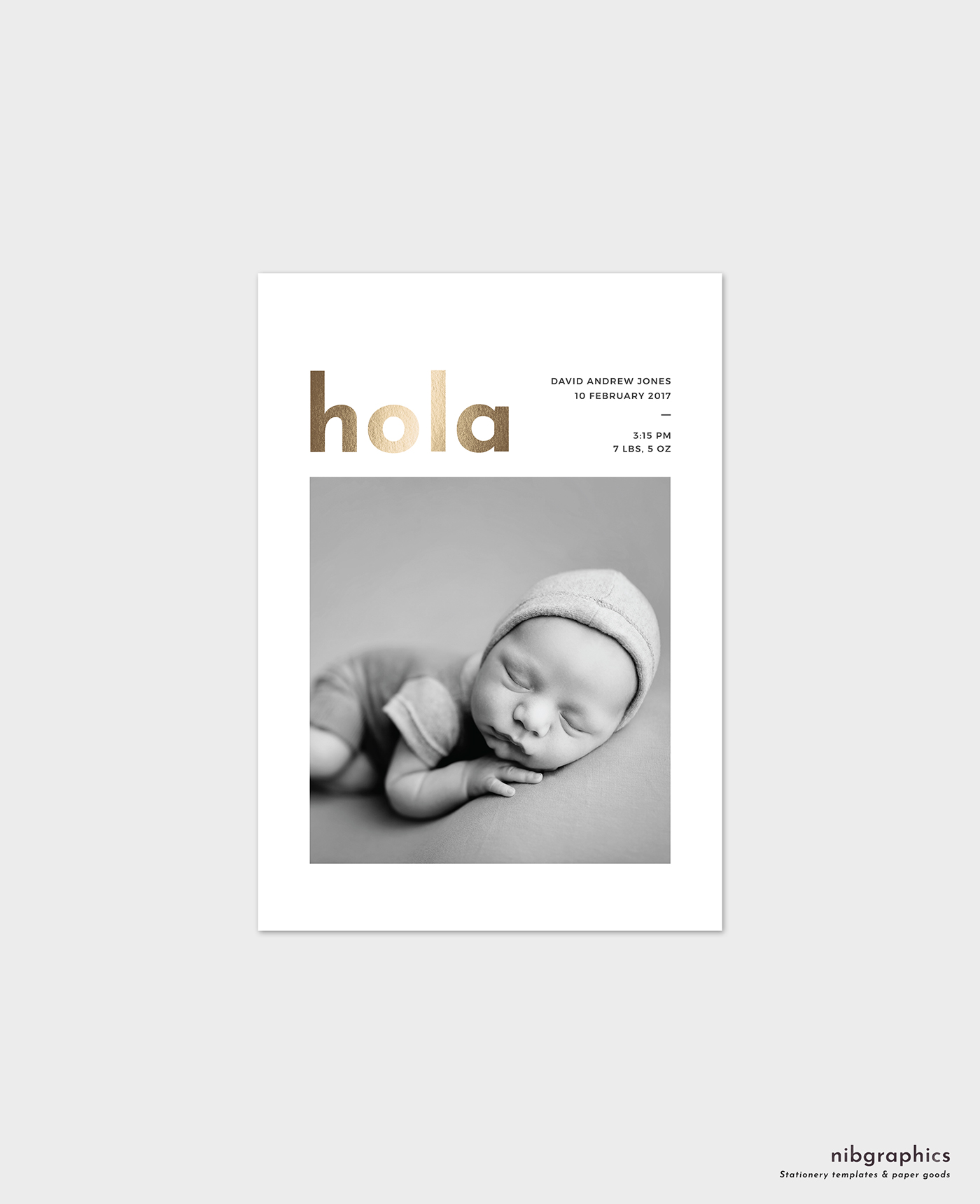 hola birth announcement new born template minimalist simple GoldFoil fauxfoil photoshop