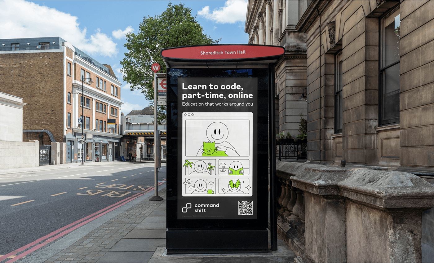 A city bus stop advertisement for the coding school shows an online lesson via video call