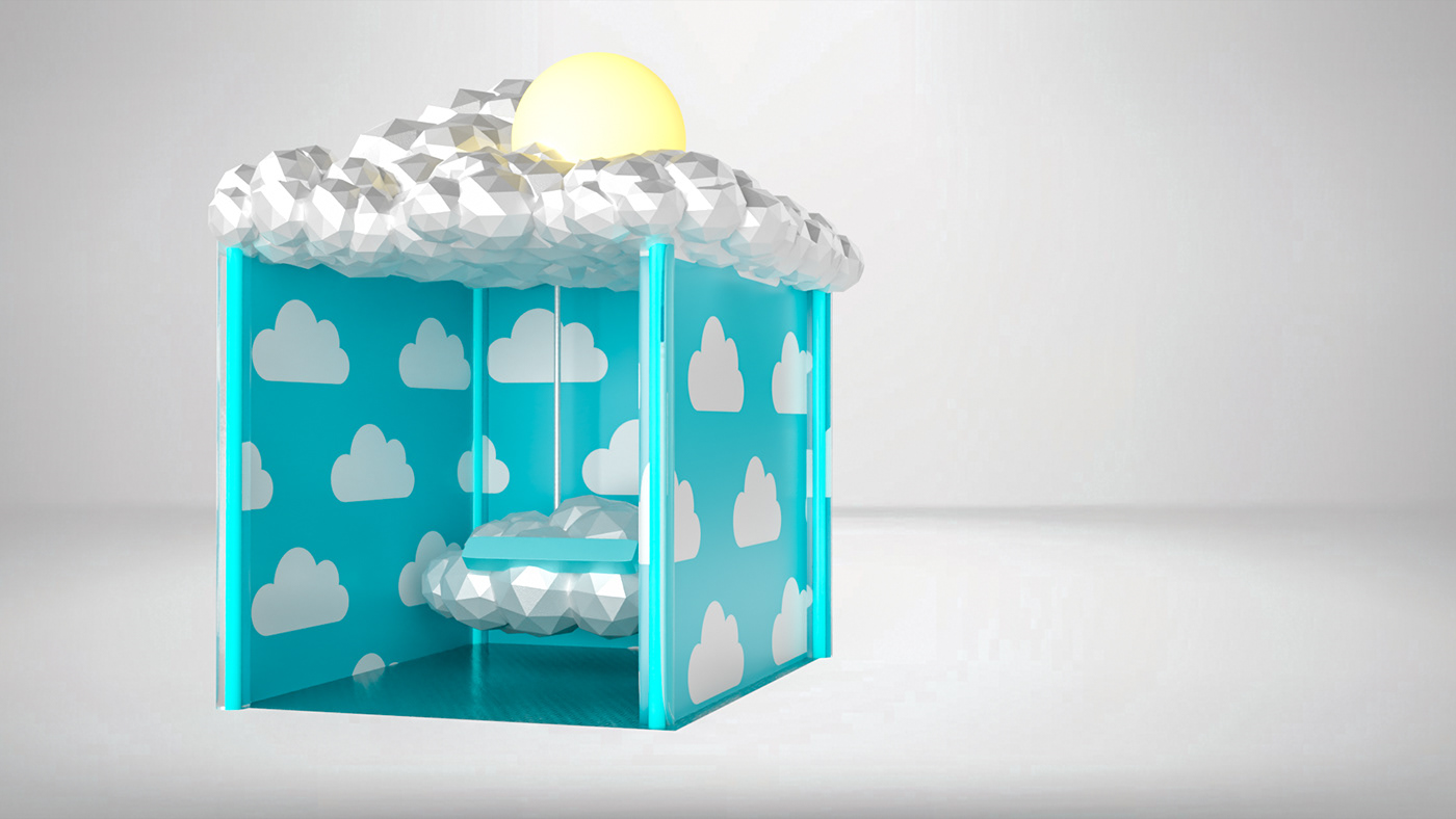 A 10 by 10 foot booth with reflective low poly cloud swing, and roof made of low poly cloud. 