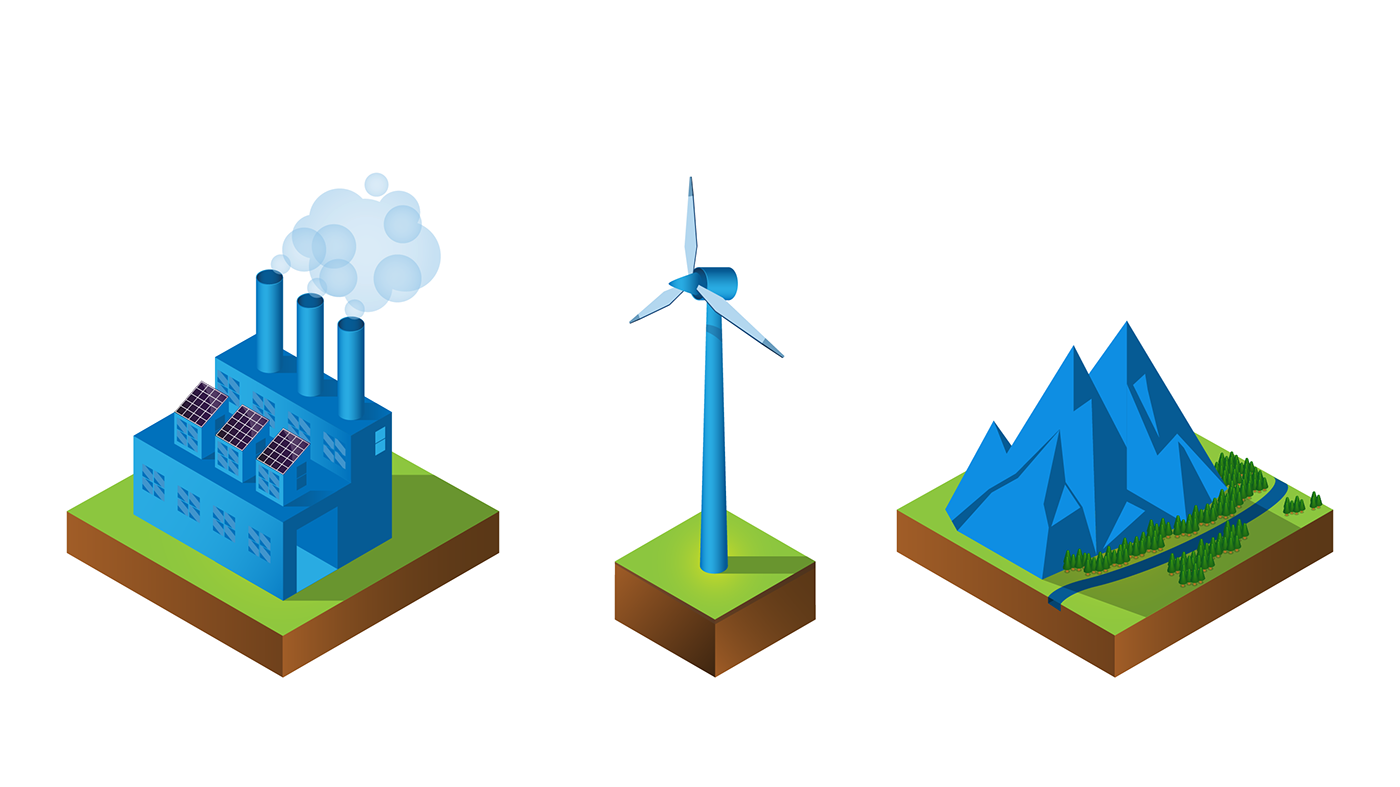 factory ILLUSTRATION  Illustrator industry Isometric Landscape mountains Sustainability trees windmill