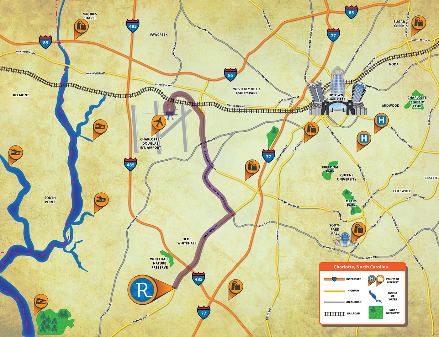 Example of a custom map that provides clean and accurate directions and points out the landmarks. 