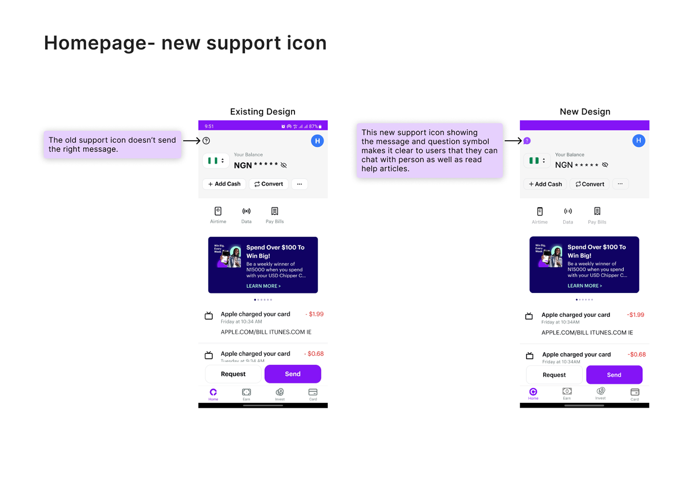 Current and new design of the support Icon
