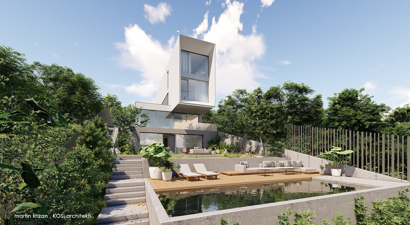 architecture concrete glass minimal modern Nature Villa visualization White