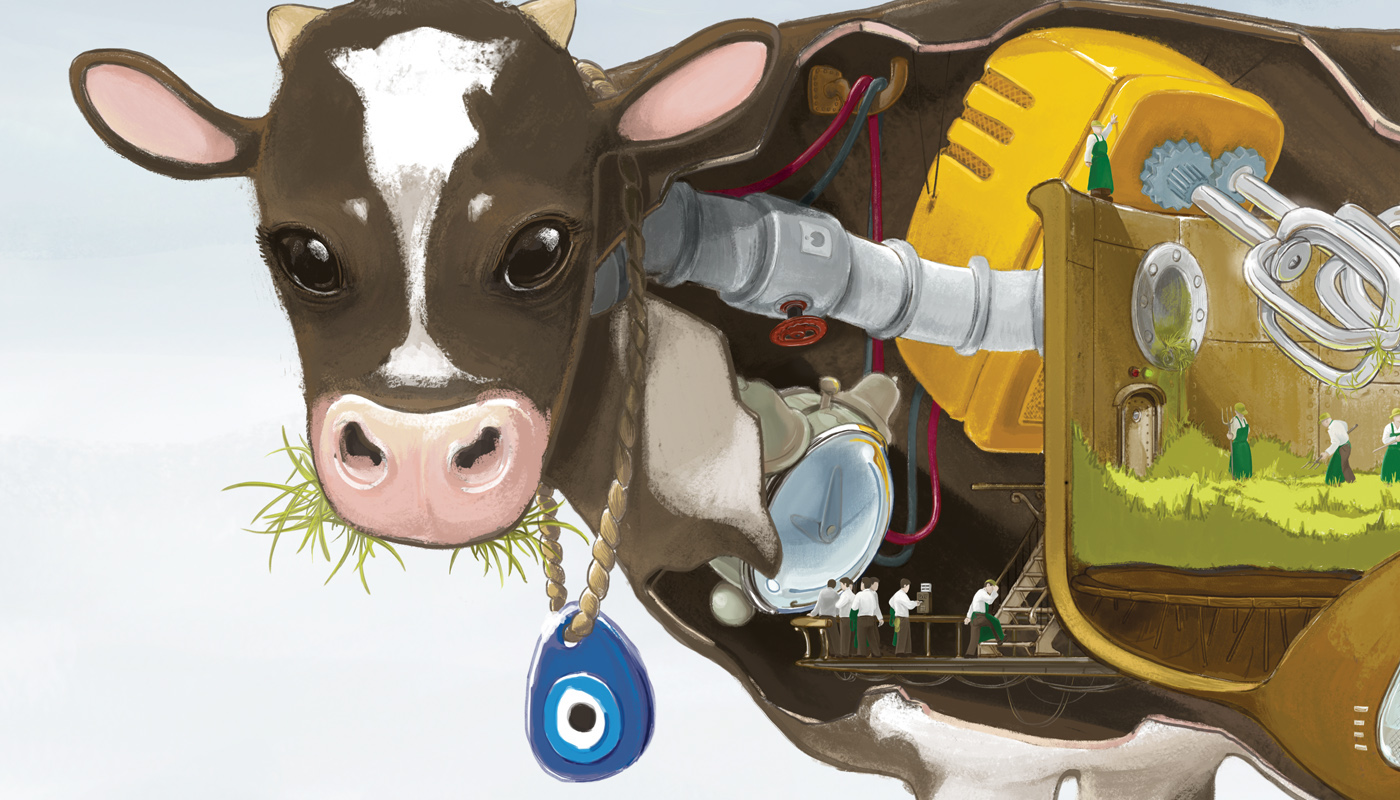 digital painting quirky factory magazine advert anatomical contraption animal cow anatomy pastel