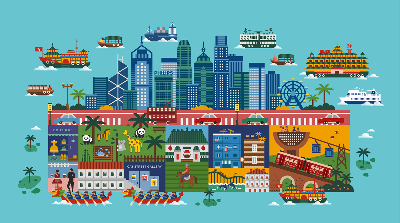 Landmark city building Hong Kong malaysia malaysia airlines print map Travel ILLUSTRATION 