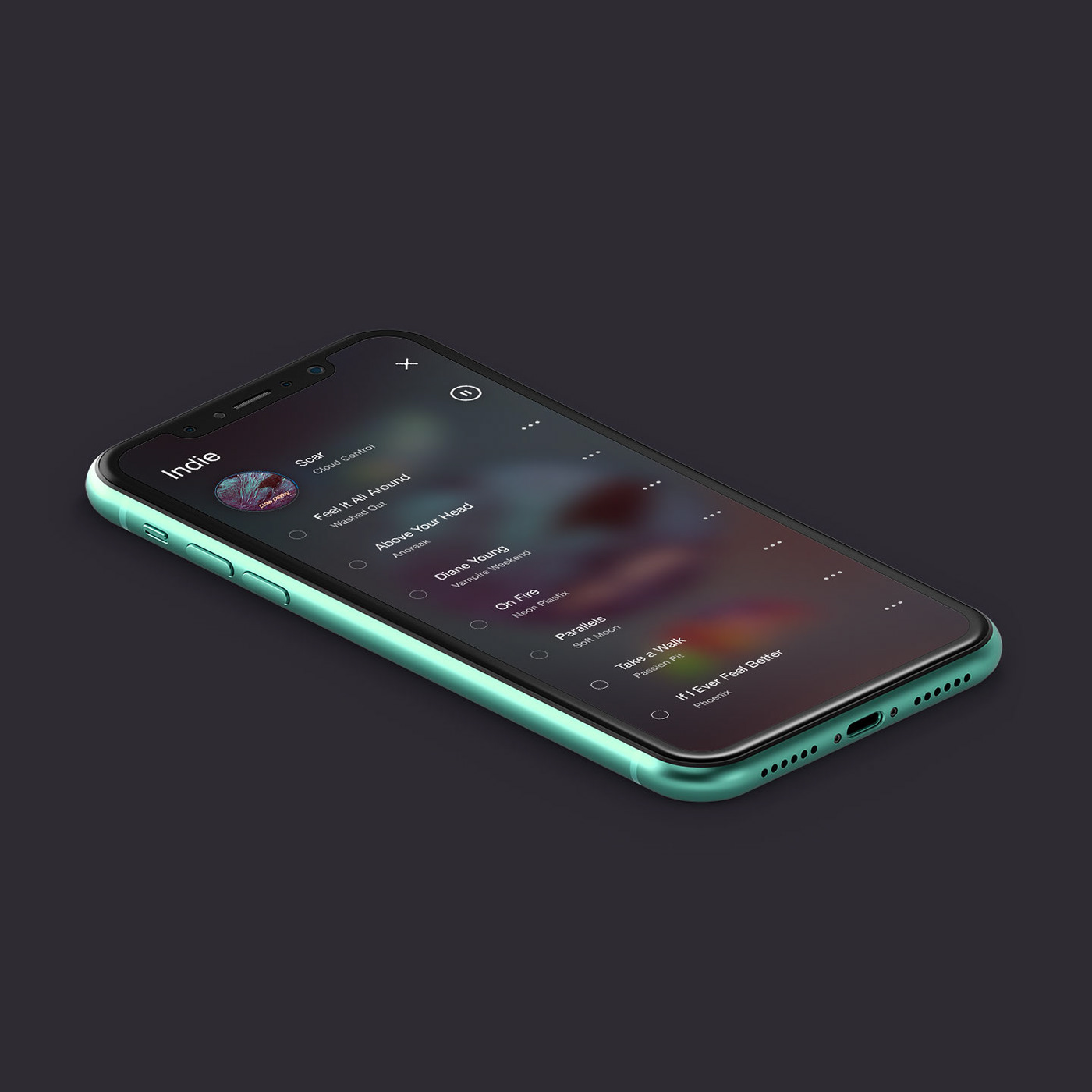 iphone music UI app blur minimal mobile playlist SWIPE spotify