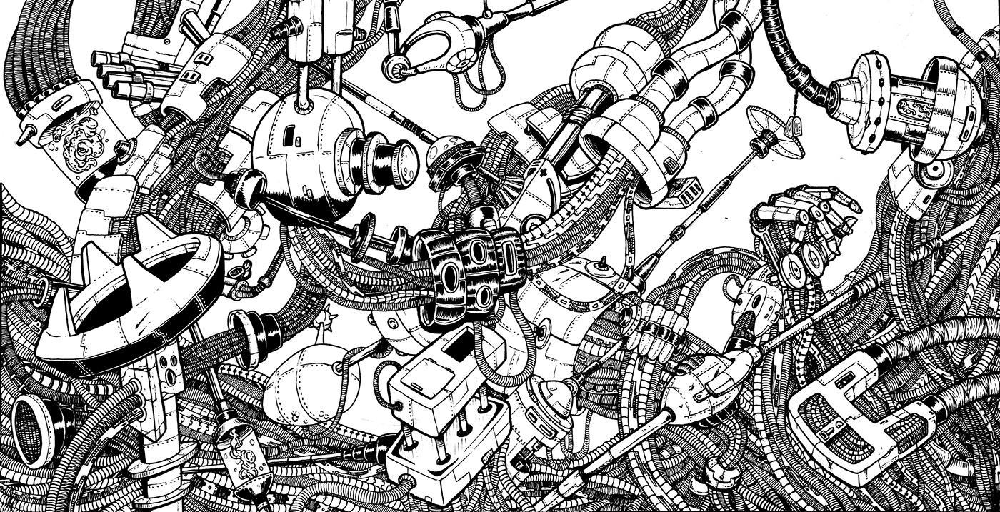 Colourful  Cyborg detailed futuristic handdrawn linework mech psychedelic robot Scifi