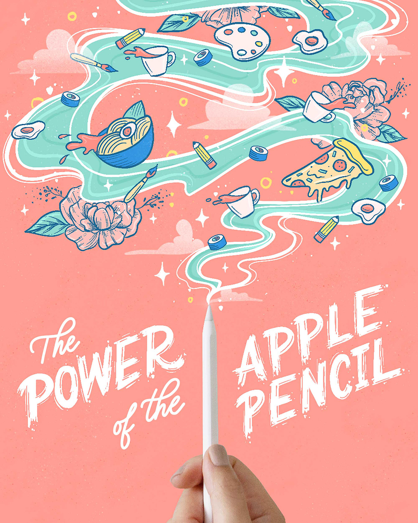 Apple pencil with illustration bursting out with the phrase, "the power of the apple pencil"