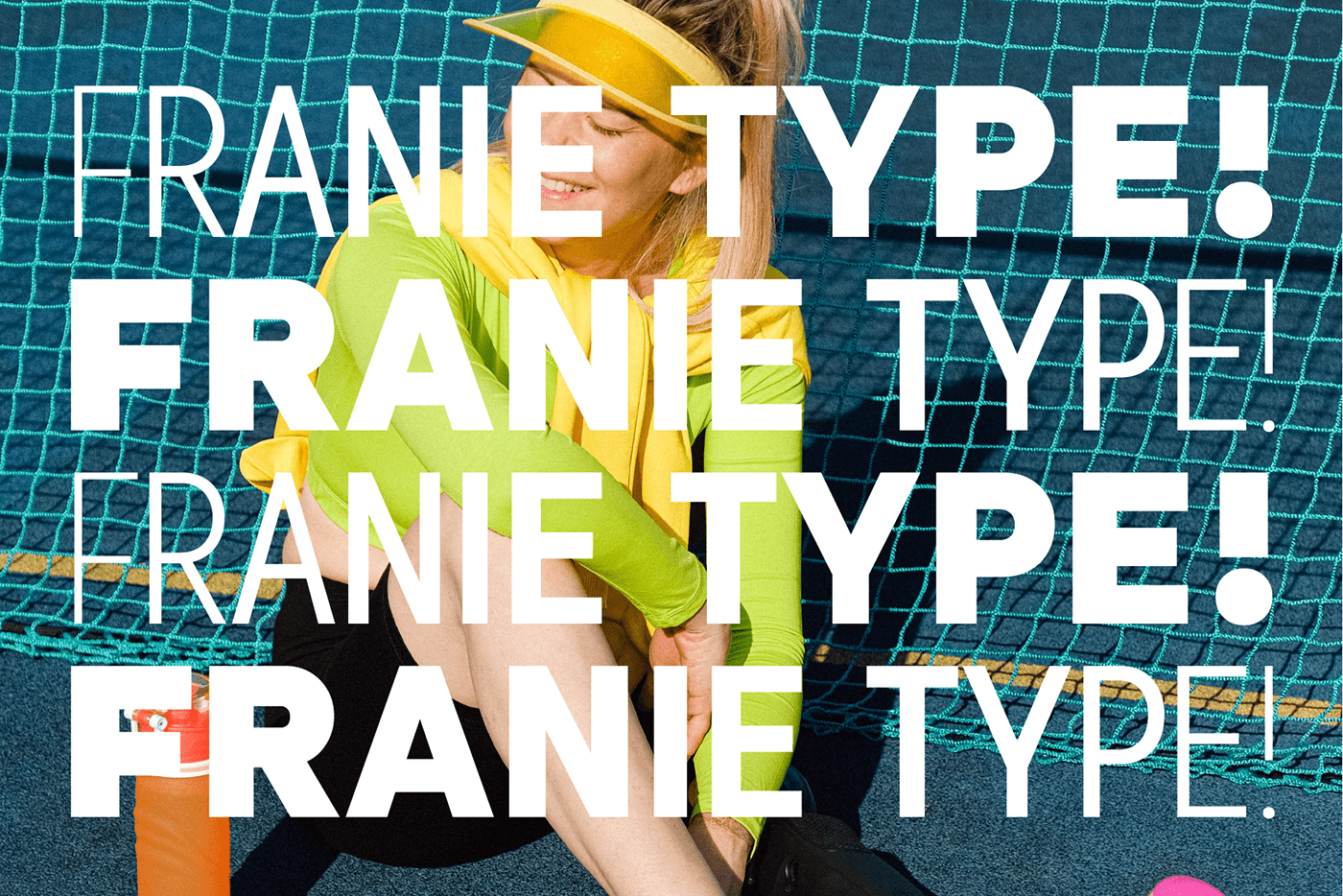 a woman sitting by a tennis court net with Franie type overlayed in various styles