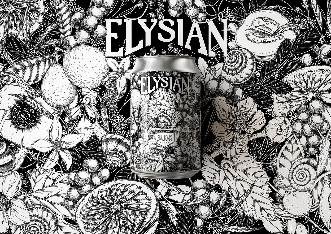 Black and white illustration featuring botanicals and other elements. Reimagined label of Snailbones