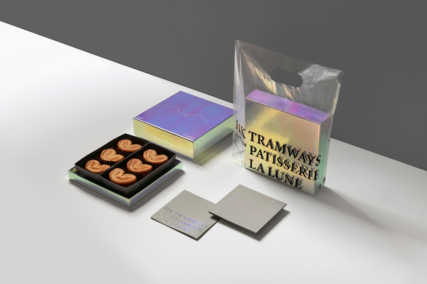 box graphic design  holographic Hong Kong Packaging packaging design Patisserie La Lune printing design tramways visual identity