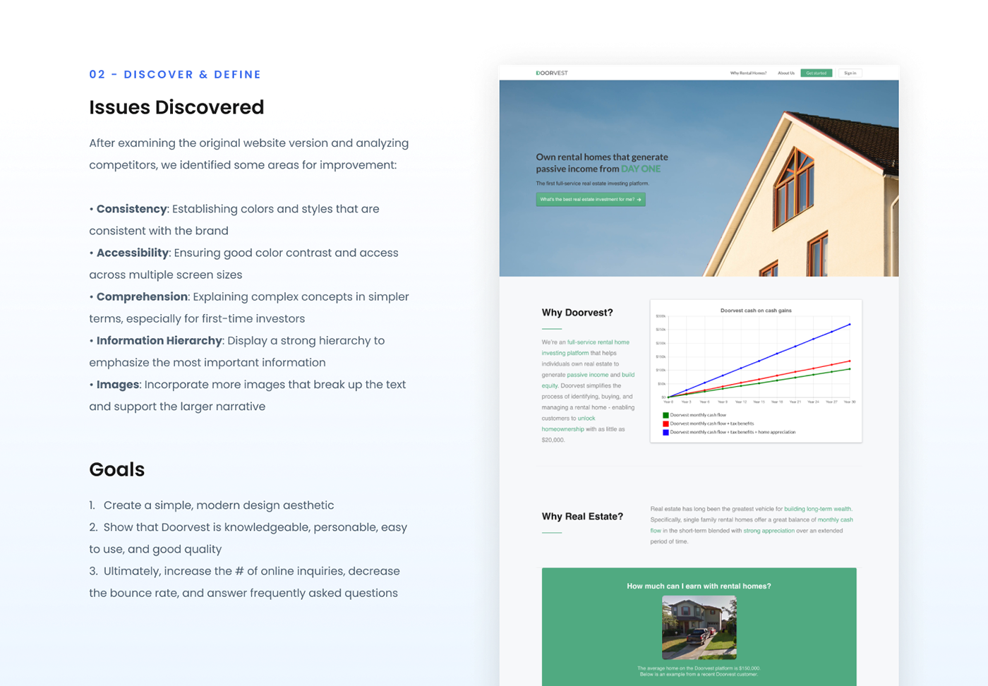 Screenshot of original landing page with areas for improvement and project goals