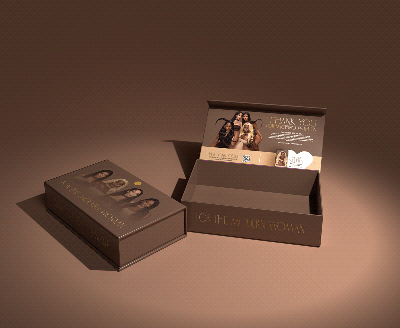 Brown mailer boxes with gold detailing and   beautiful hair models