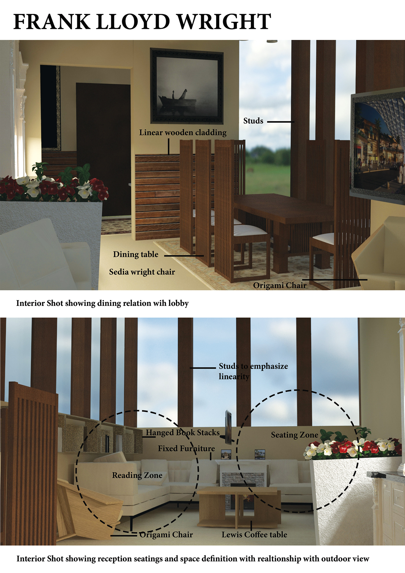 3D 3dsmax architecture dining room franklloydwright Interior interior design  living Render