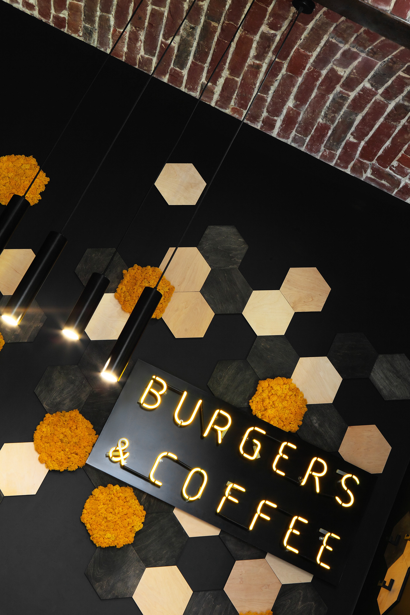 burger concrete design Fast food Interior LOFT moss yellow
