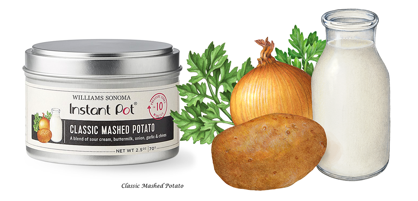 Illustration of mashed potato ingredients used on packaging.