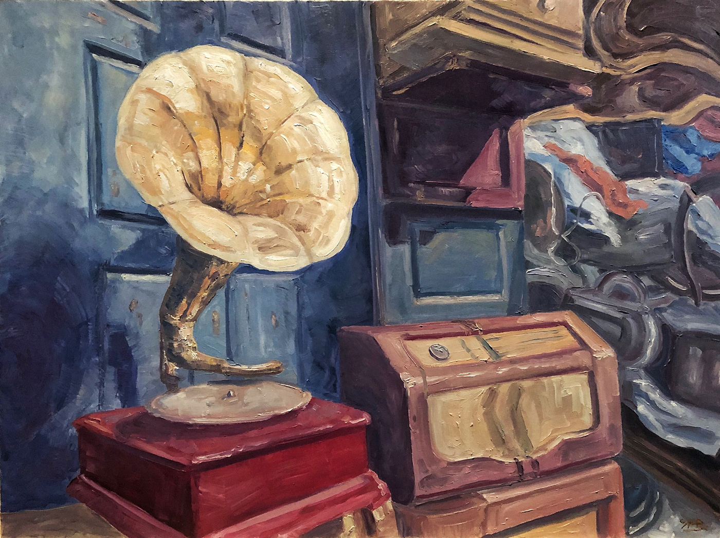  aesthetic Antiques art artist artistic blue camera Doors music oil Oil Painting old paint phonograph red shop Unique yellow