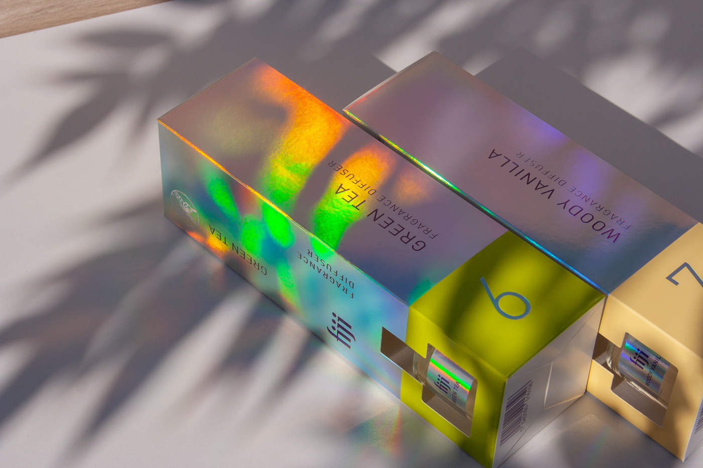 holographic foil, packaging, fragrance diffuser