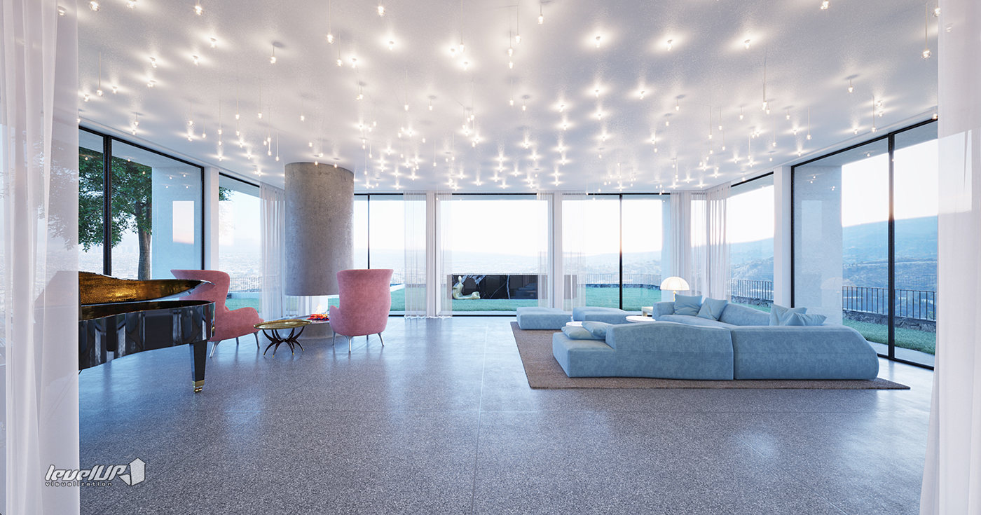 White luxury Villa modern levelup greenery lightning furniture vizualizacijos visuals