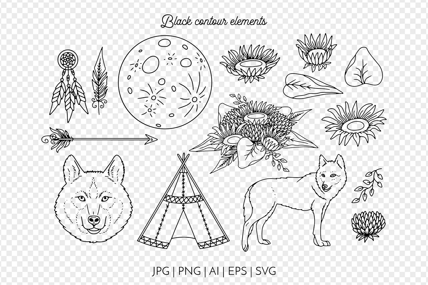 boho clipart Drawing  floral hand drawn ILLUSTRATION  line art sunflower vector wolf