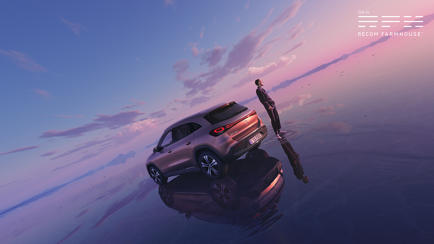 Advertising  automotive   campaign car CGI mirror pink purple sunset water