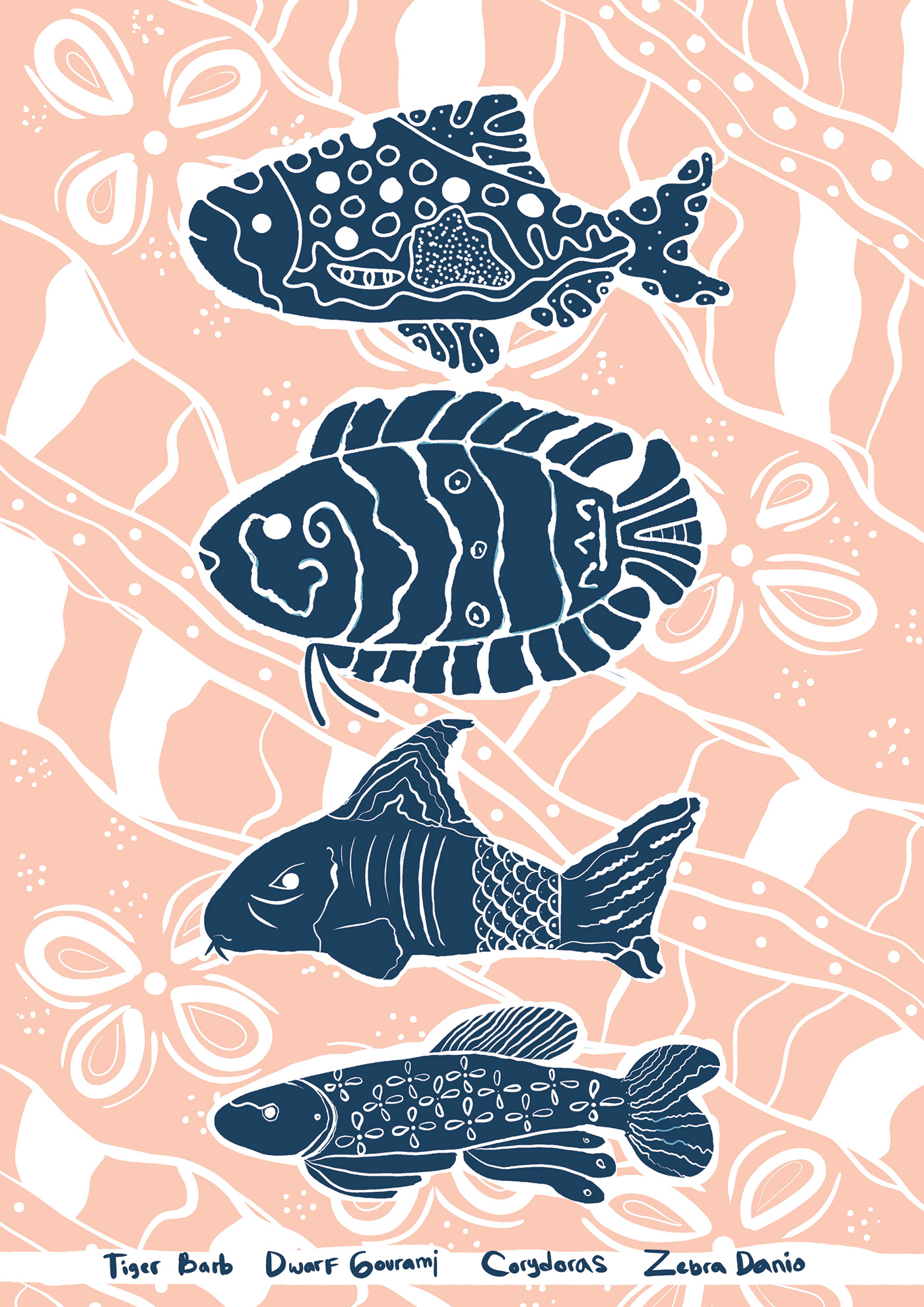 ILLUSTRATION  artwork batik patern fish aquascape corydoras Angelfish beta fish gourami
