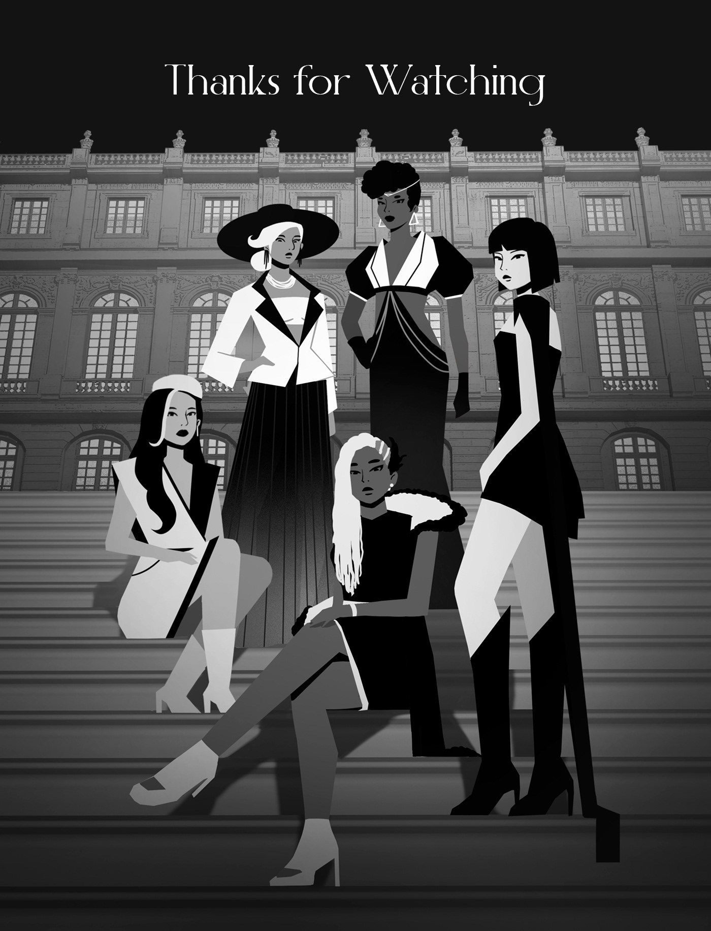 animatic elegant fashion illustration Girl Power model women black and white blackandwhite