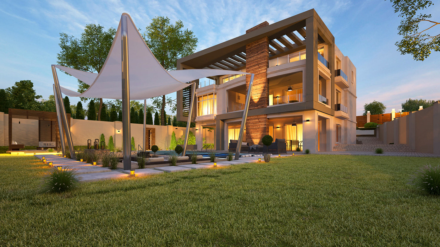 Villa Landscape Landscape Design exterior visualization archviz architecture grass Eslam Hamed NightShot