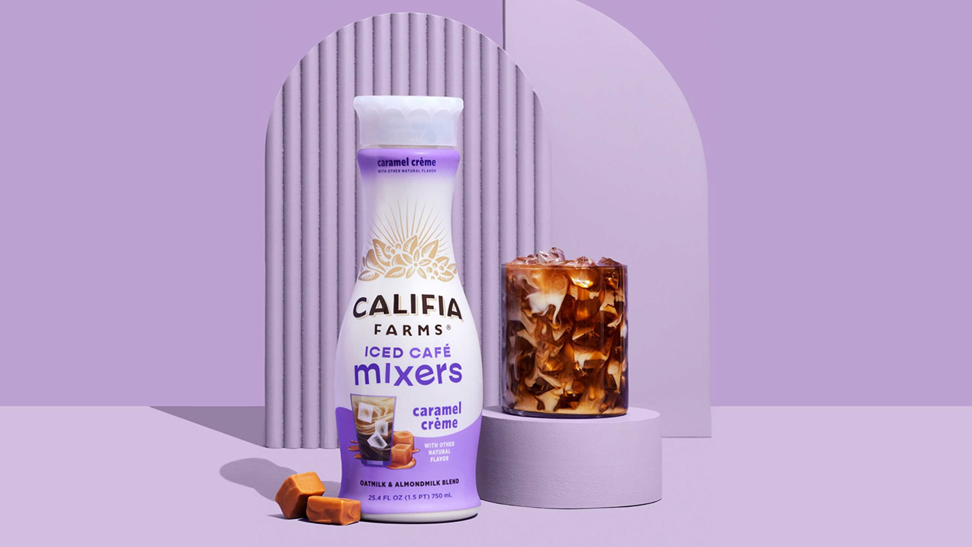 Califia Farms bottles mixers label design beverage brand strategy creamer farm design Packaging redesign brand identity
