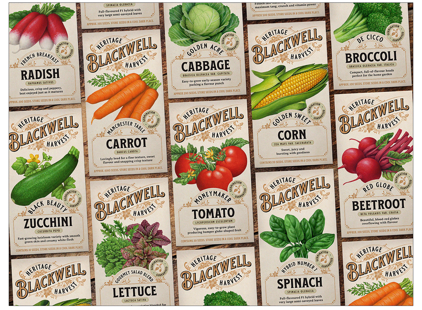 Seed packet packaging featuring old fashioned vegetable illustrations.
