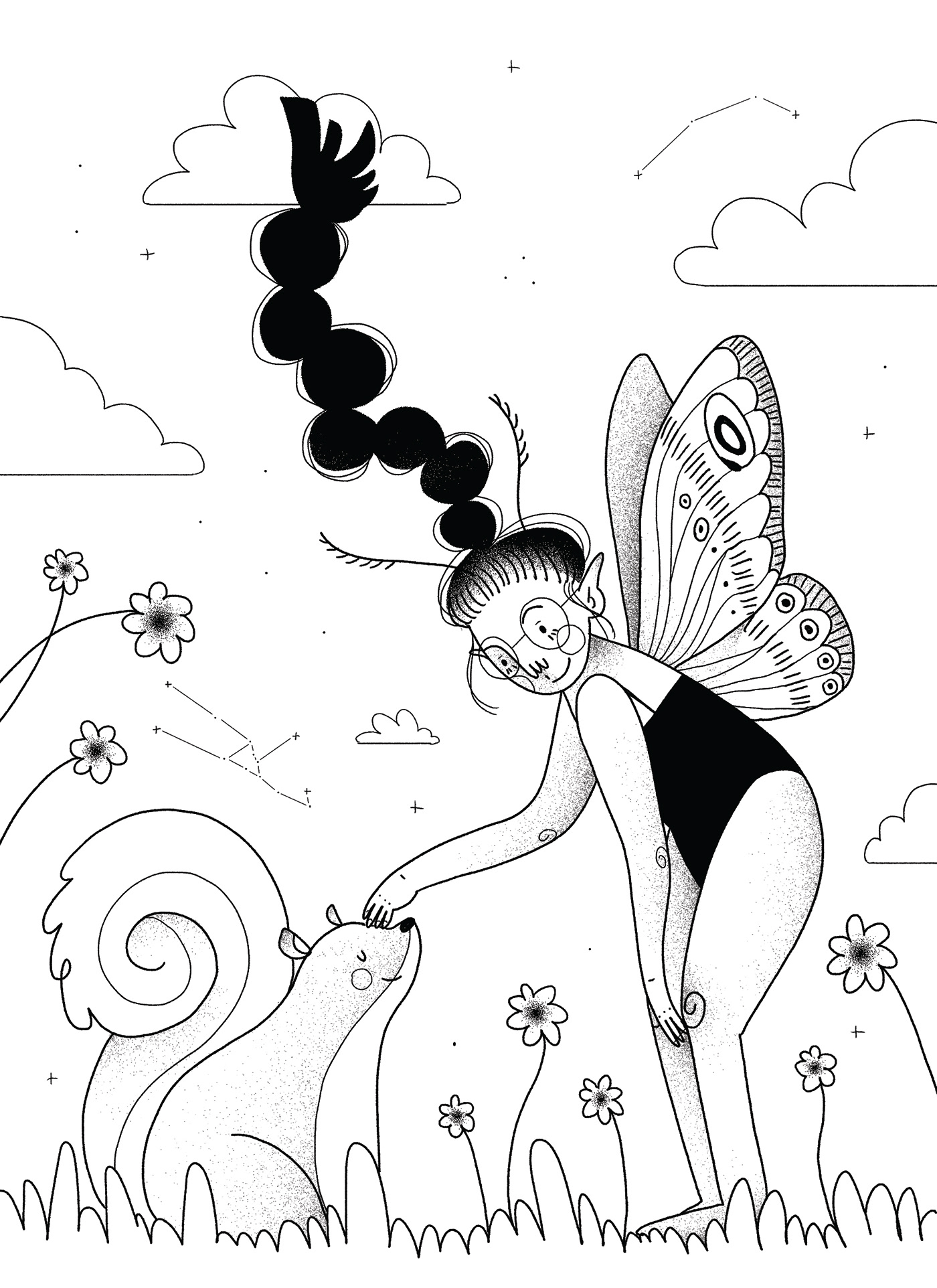 black and white cartoon Digital Art  Drawing  fairy fantastic fantasy line art linework Magic  