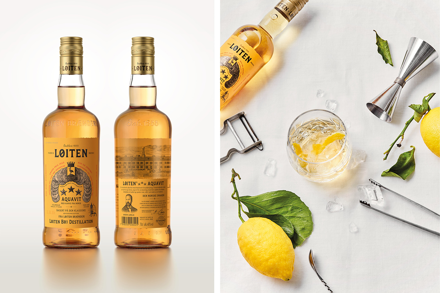 løitens aquavit redesign yellow destillery Since 1855