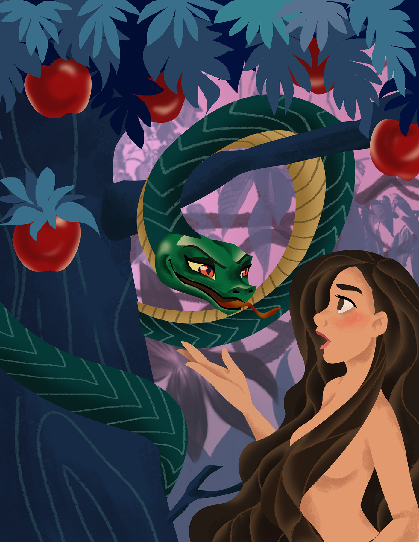 cartoon digital illustration serpent snake adam and eve apple ILLUSTRATION  art Character design  Digital Art 