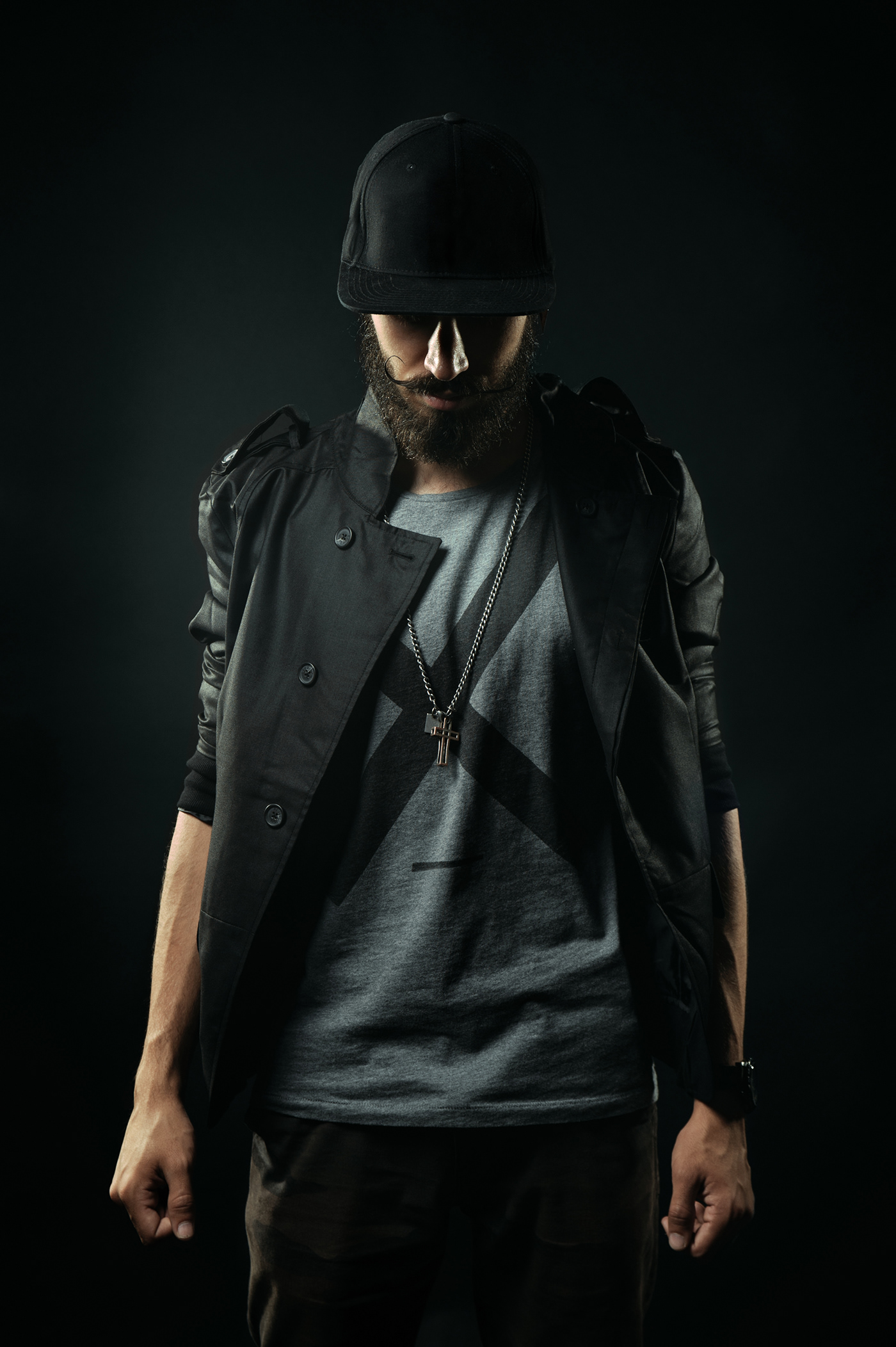 beard moustache bowler hat hat Sunglasses man portrait dark black studio