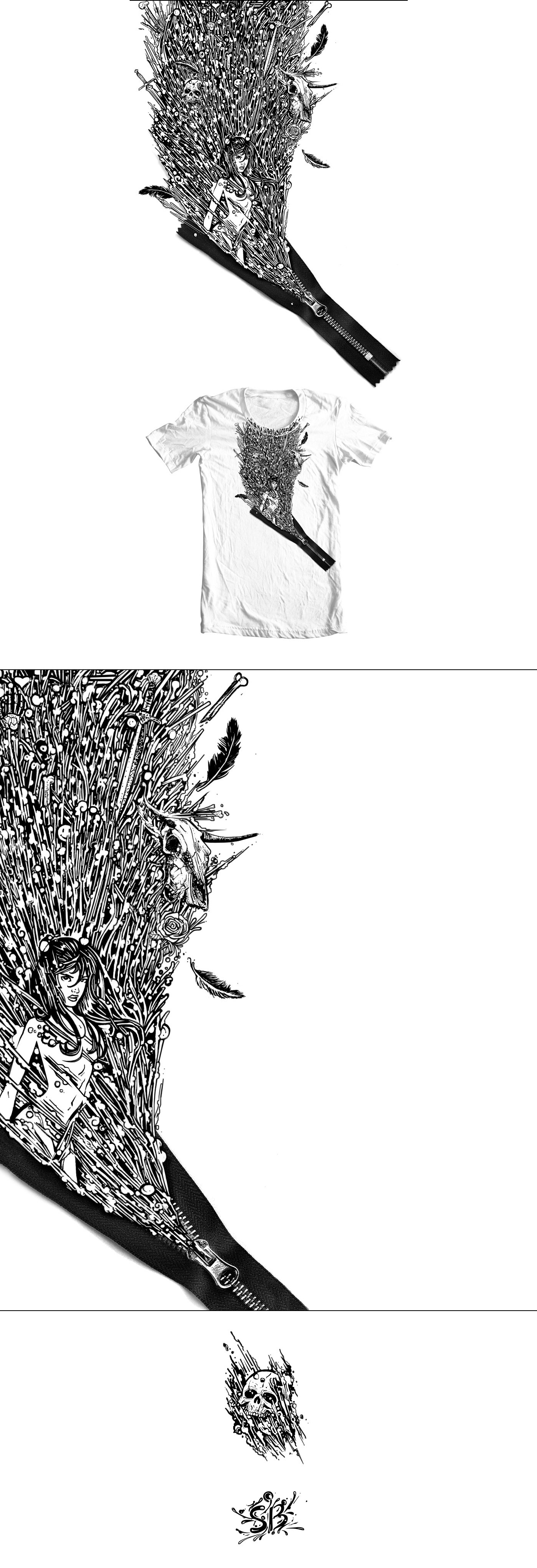 tee design black and white skull girl feathers Zipper