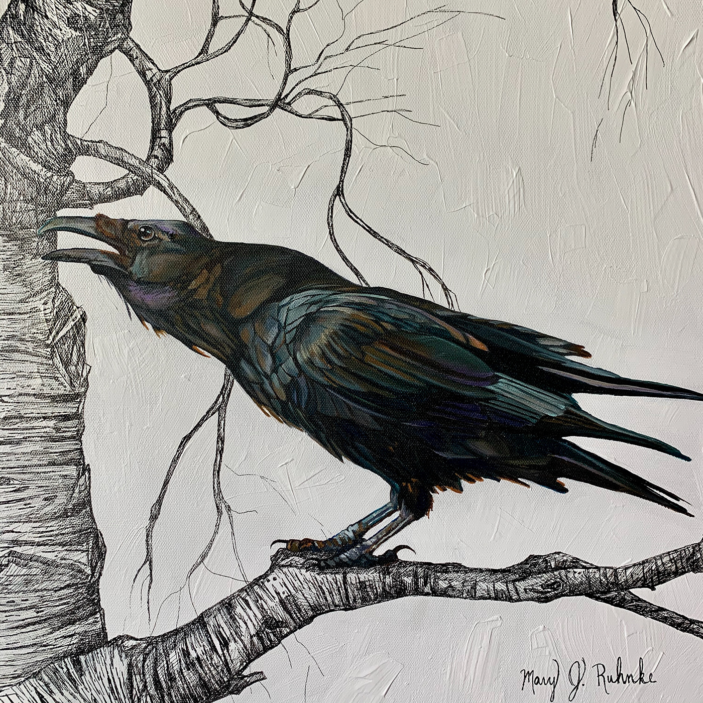 acrylic art birds mixed media painting   corvids ravens
