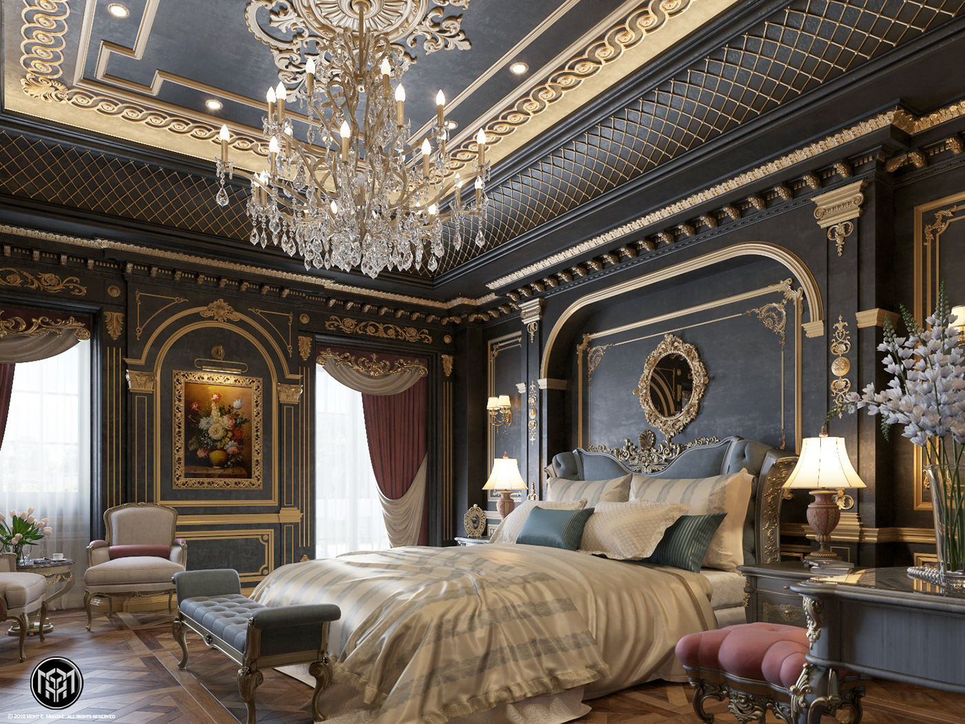 luxury bedroom black gold interior design  Photography 