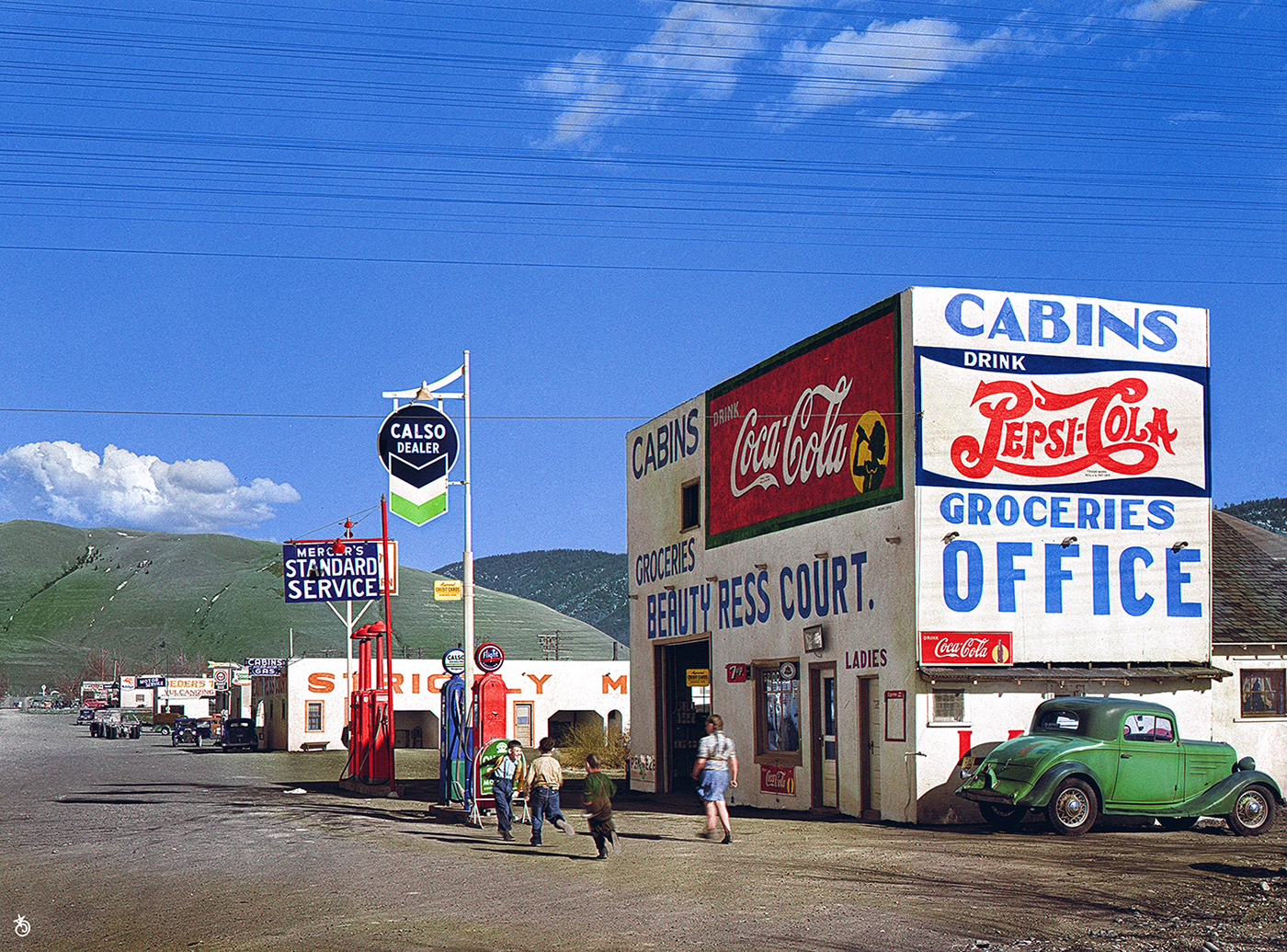 colorization gas station groceries history Photo colorized restoration usa vintage vintage style