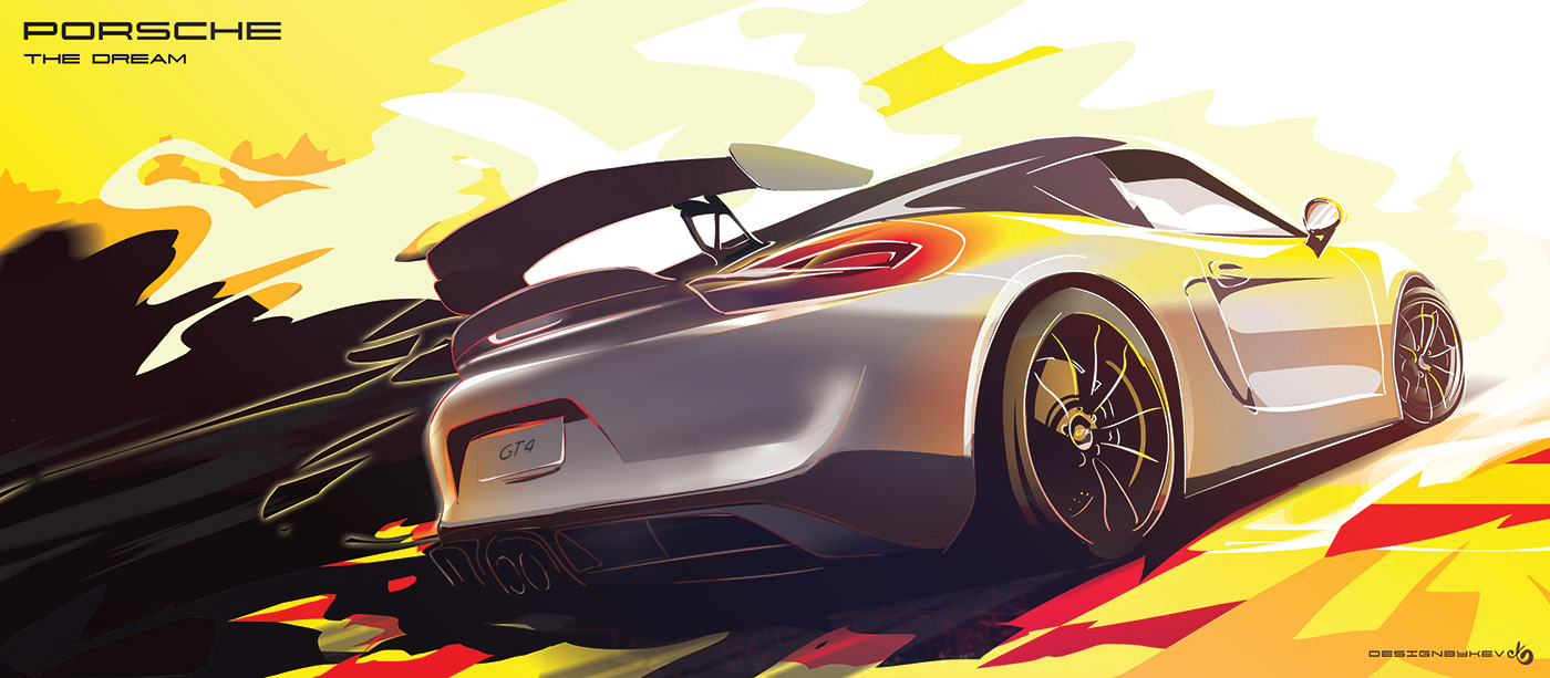 Digital illustration of a porsche cayman gt4 with an abstract rendition of  the spa francorchamps
