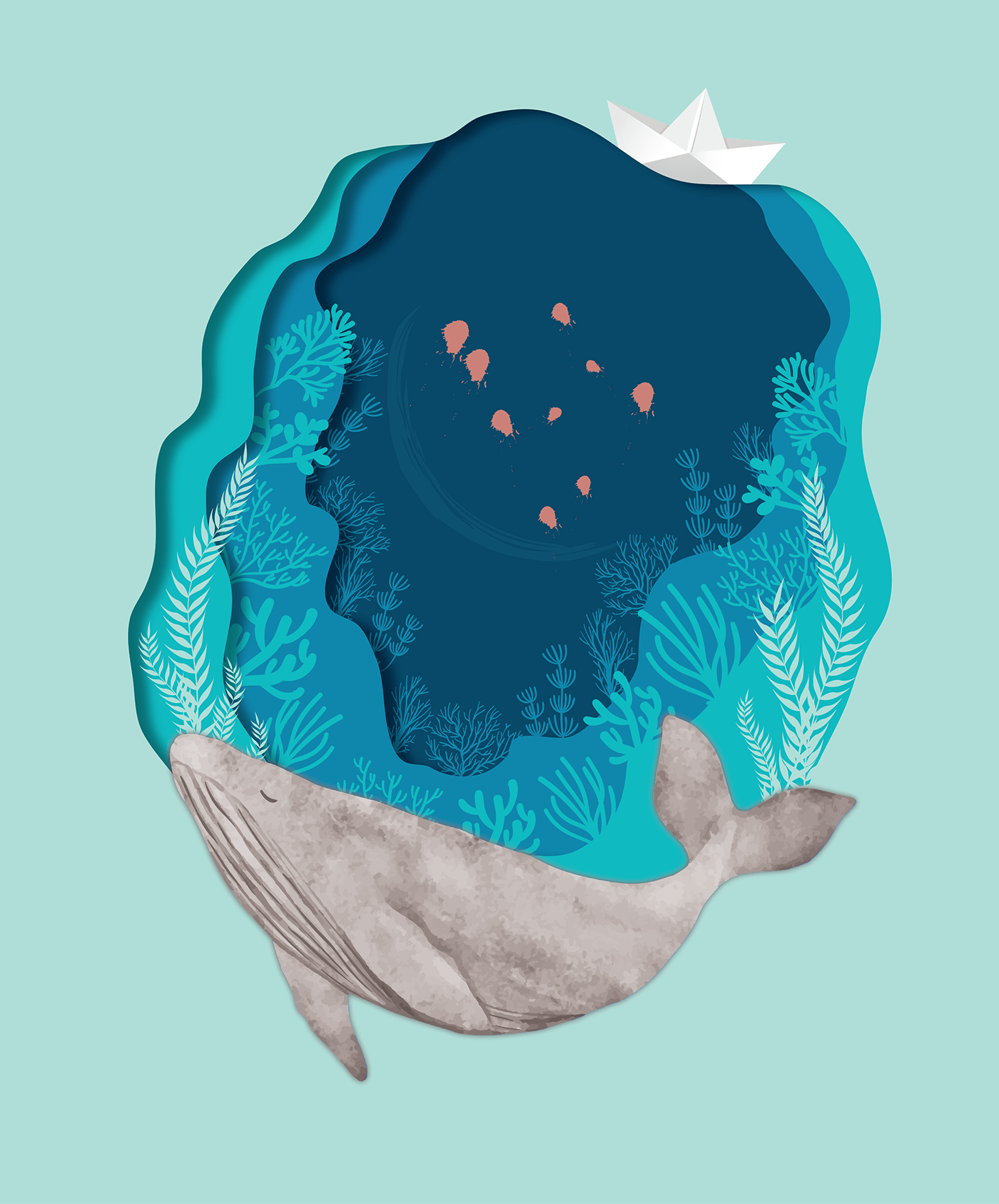 big whale blue collage corals cutout jellyfish Ocean sea Shadows