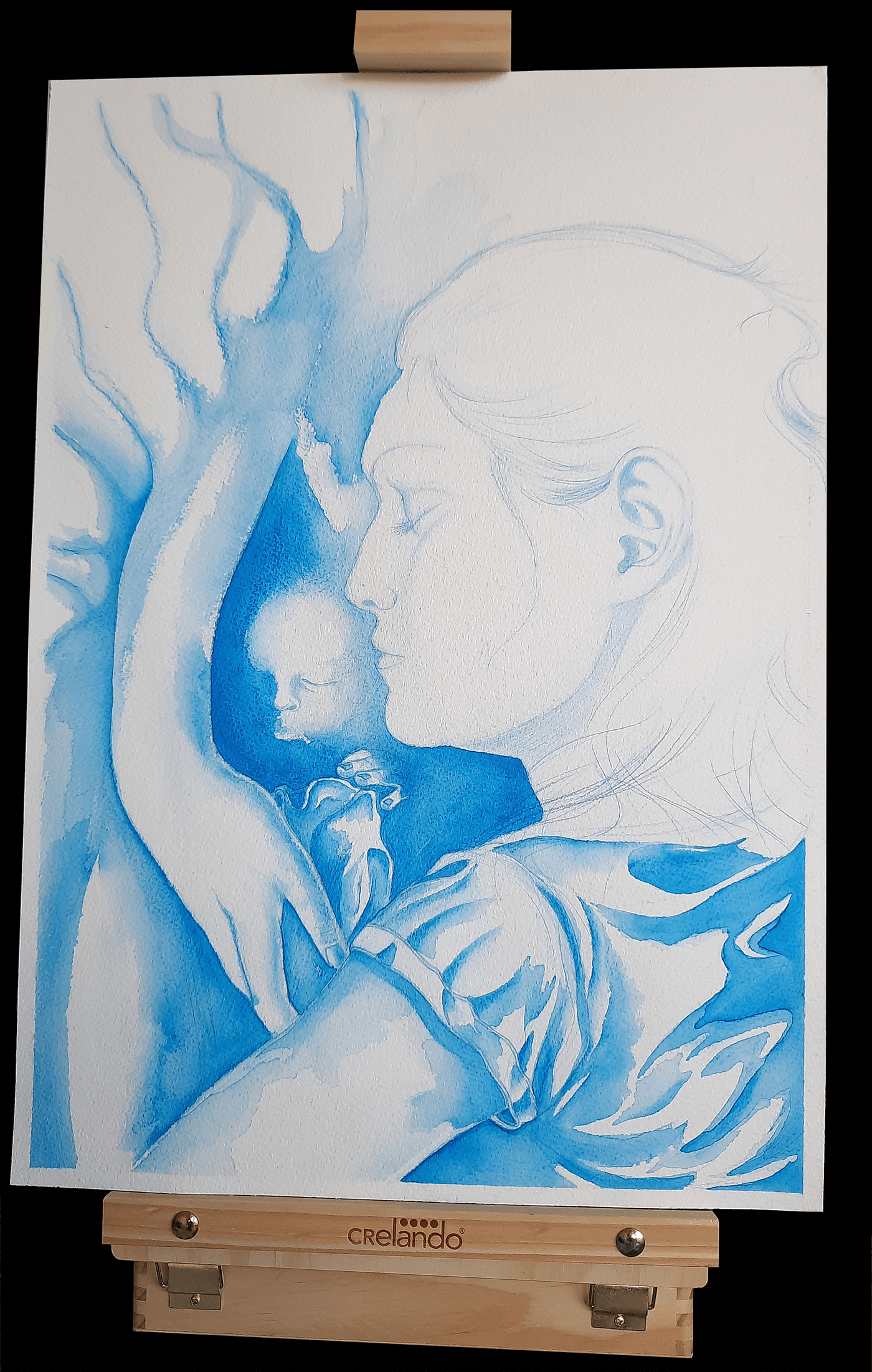 portrait woman child baby watercolor blue sketch Nicolas Skorupka White hand