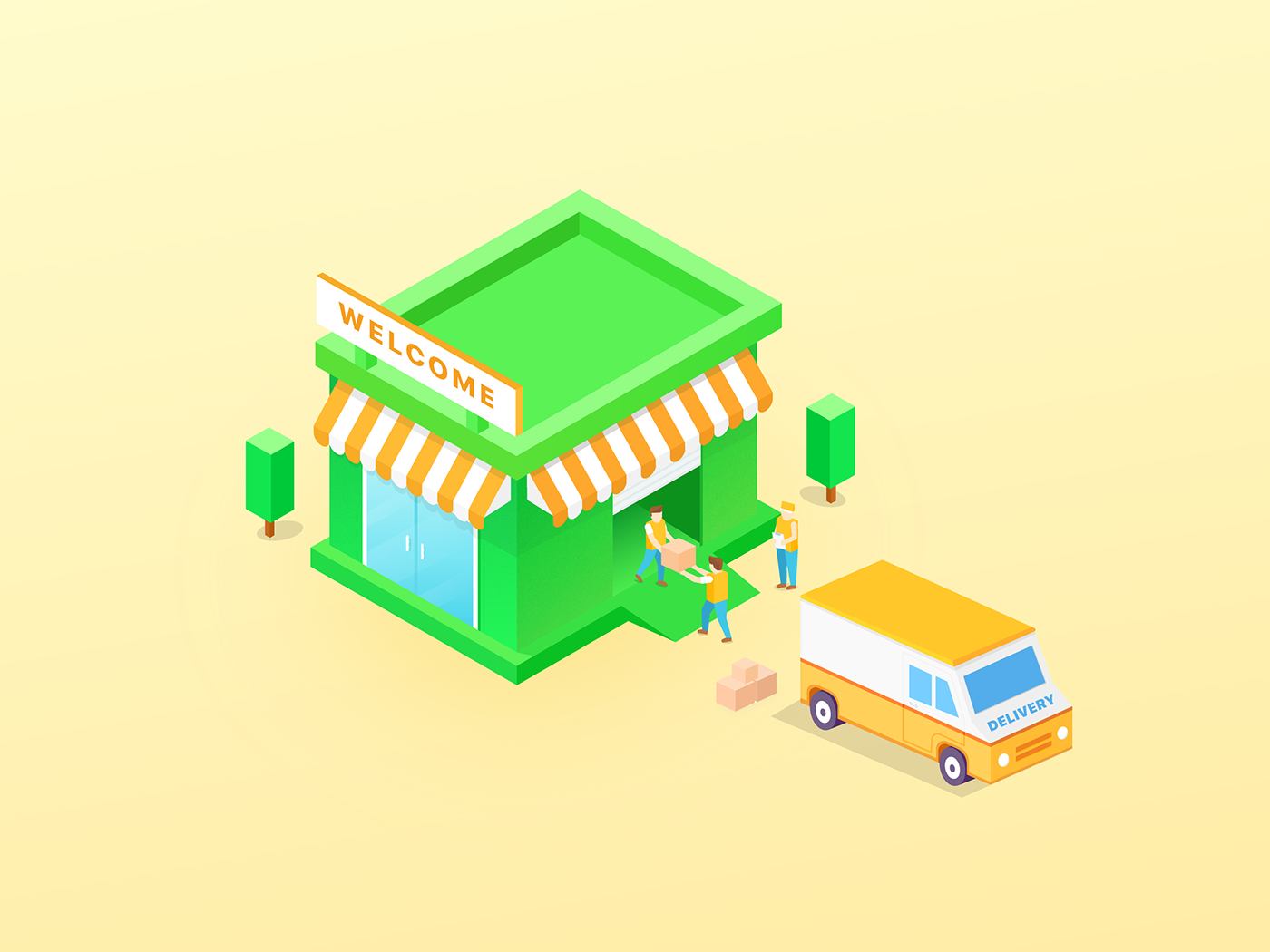 ILLUSTRATION  delivery working TEAMWORK green yellow Isometric store