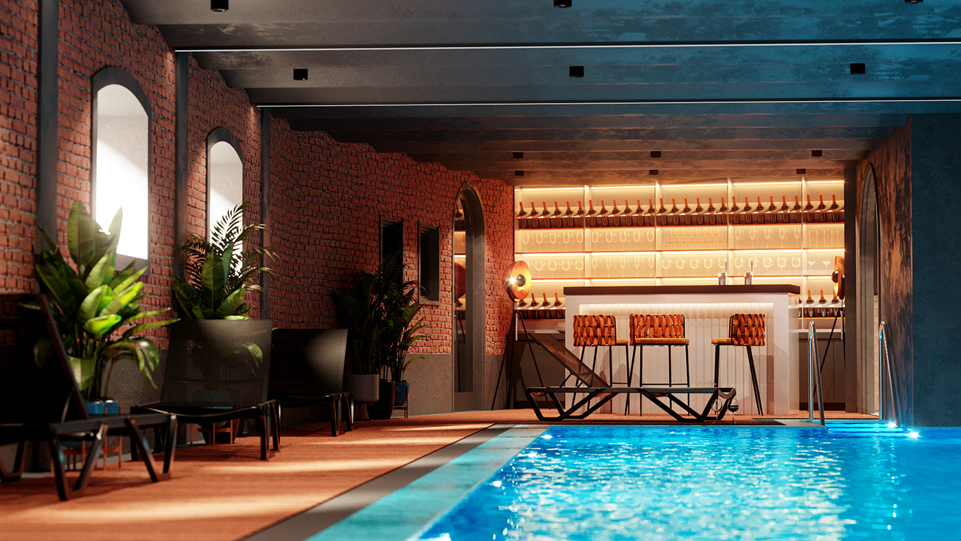 3dsmax bricks cinema4d dark design Interior light LOFT Pool water